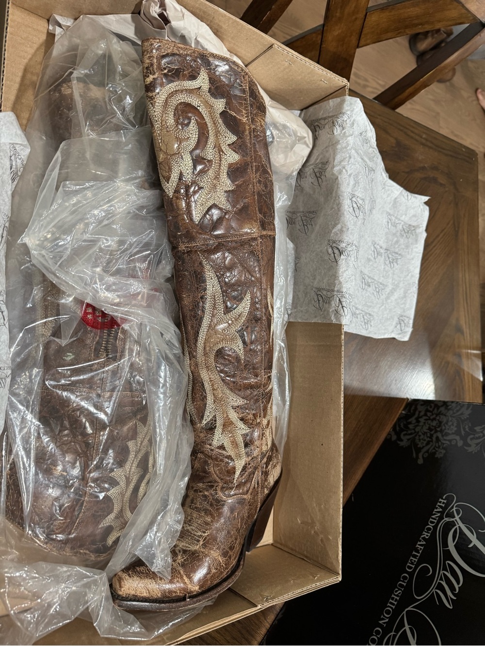Dan Post Brown Over-the-Knee Western Boots with Cream Embroidery